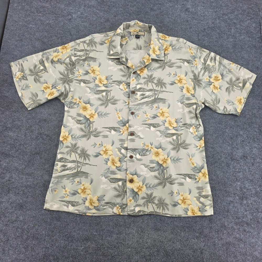 Tommy Bahama Mens XL Silk Tropical Palm Tree Hibiscus Camp Shirt Sage Green